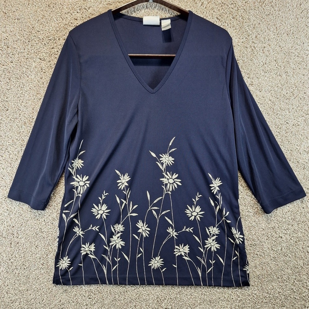 Villager Top Womens Large Blue Floral V-Neck 3/4 Sleeve Liz Claiborne Boho